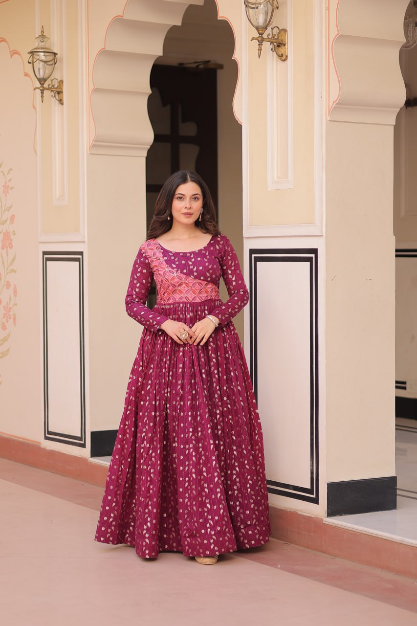Trendy Wine Color Position Print Choli With Staple Jacquard Weaving Work Gown