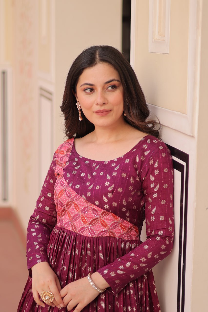 Trendy Wine Color Position Print Choli With Staple Jacquard Weaving Work Gown