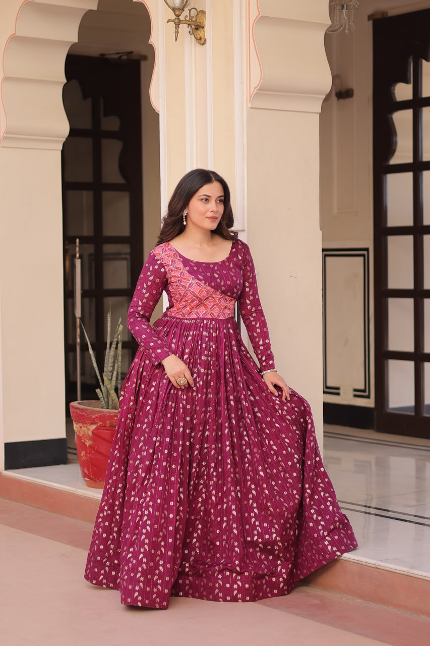 Trendy Wine Color Position Print Choli With Staple Jacquard Weaving Work Gown