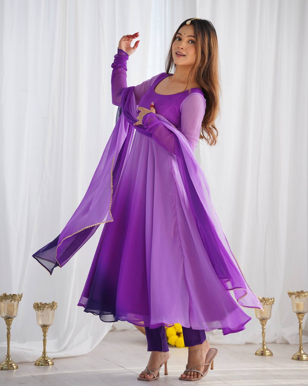 Party Wear Purple Color Heavy Pure Soft Faux Georgette Designer Anarkali Gown