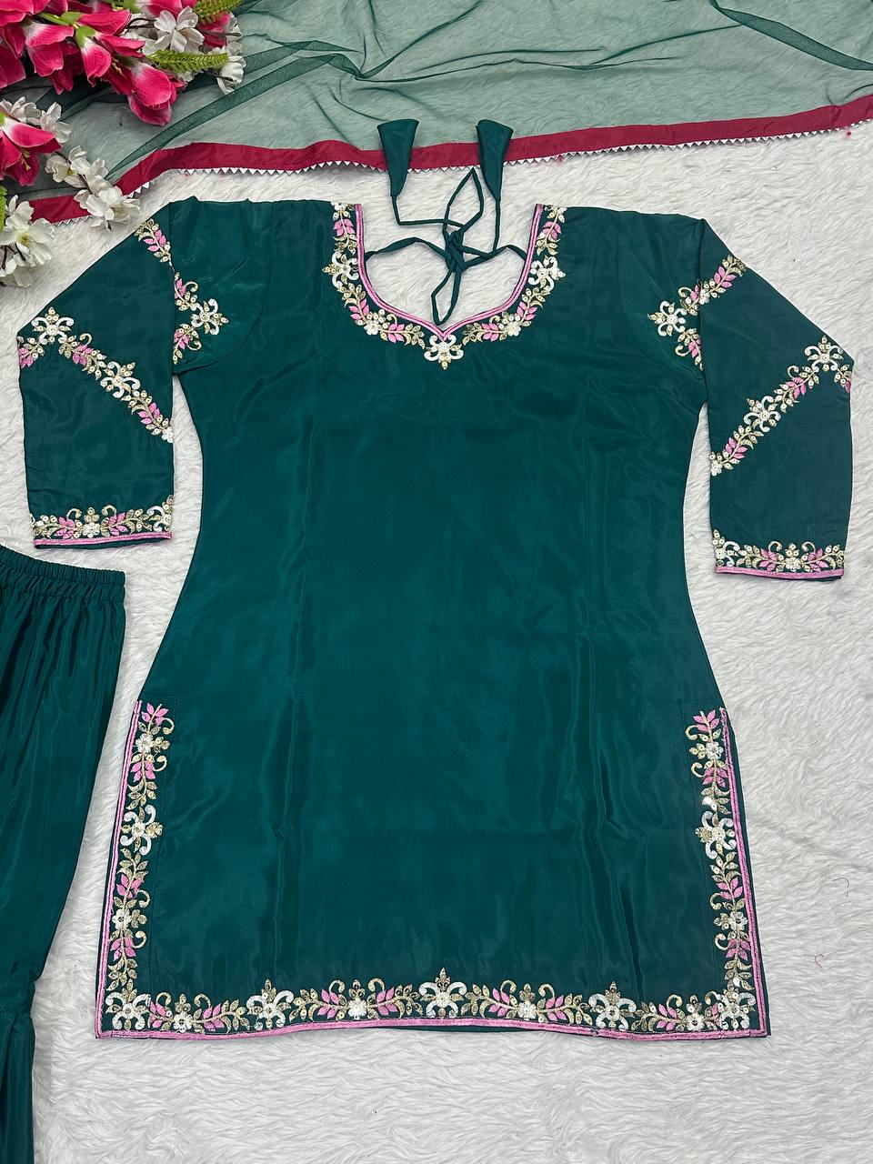 Classic Teal Green Color Natural Crepe With Heavy Embroidery Work Sharara Suit