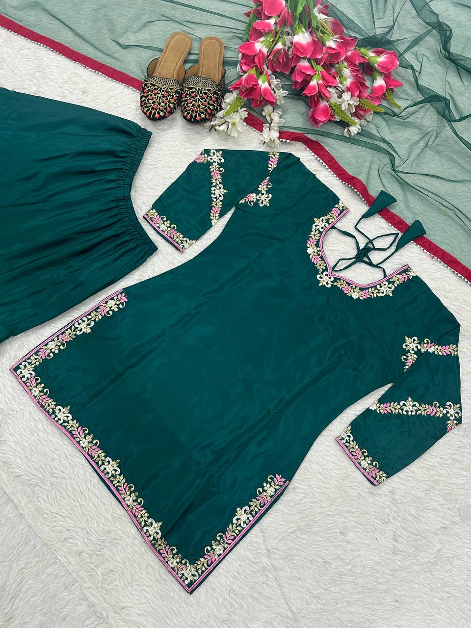 Classic Teal Green Color Natural Crepe With Heavy Embroidery Work Sharara Suit