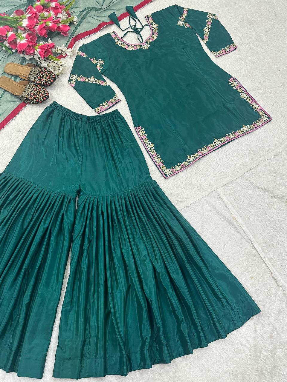 Classic Teal Green Color Natural Crepe With Heavy Embroidery Work Sharara Suit