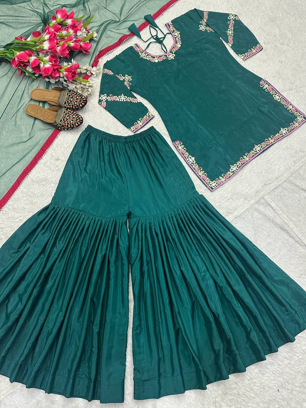 Classic Teal Green Color Natural Crepe With Heavy Embroidery Work Sharara Suit