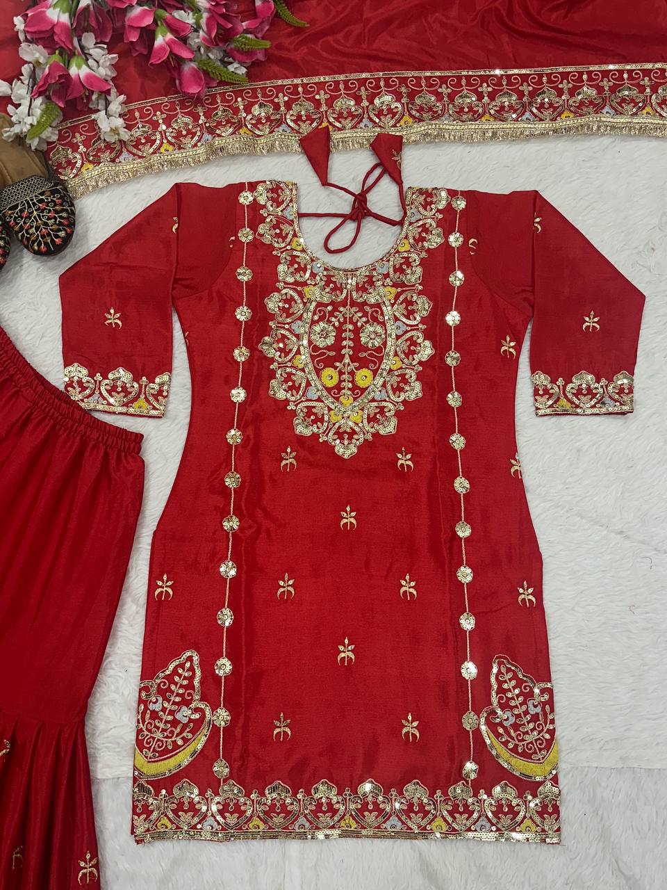 Wedding Wear Red Color Chinon Silk With Heavy Embroidery Work Sharara Suit