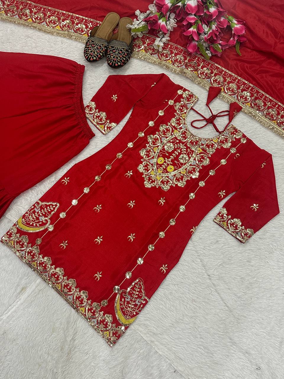 Wedding Wear Red Color Chinon Silk With Heavy Embroidery Work Sharara Suit