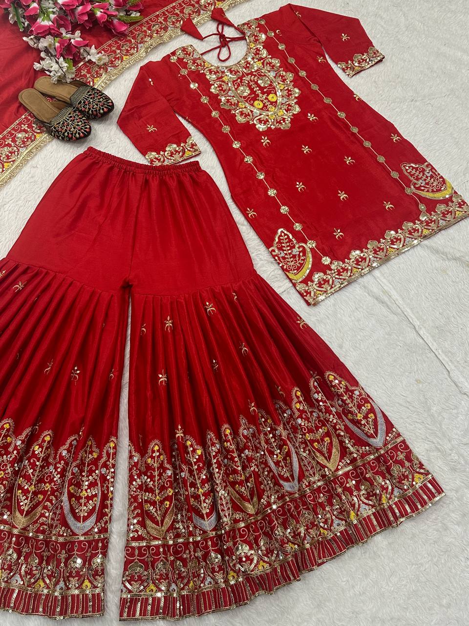 Wedding Wear Red Color Chinon Silk With Heavy Embroidery Work Sharara Suit