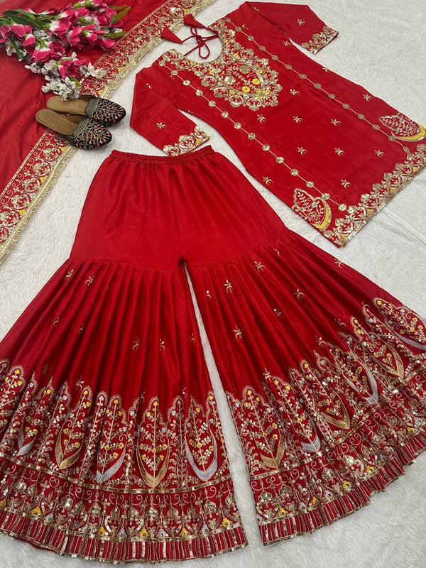 Wedding Wear Red Color Chinon Silk With Heavy Embroidery Work Sharara Suit