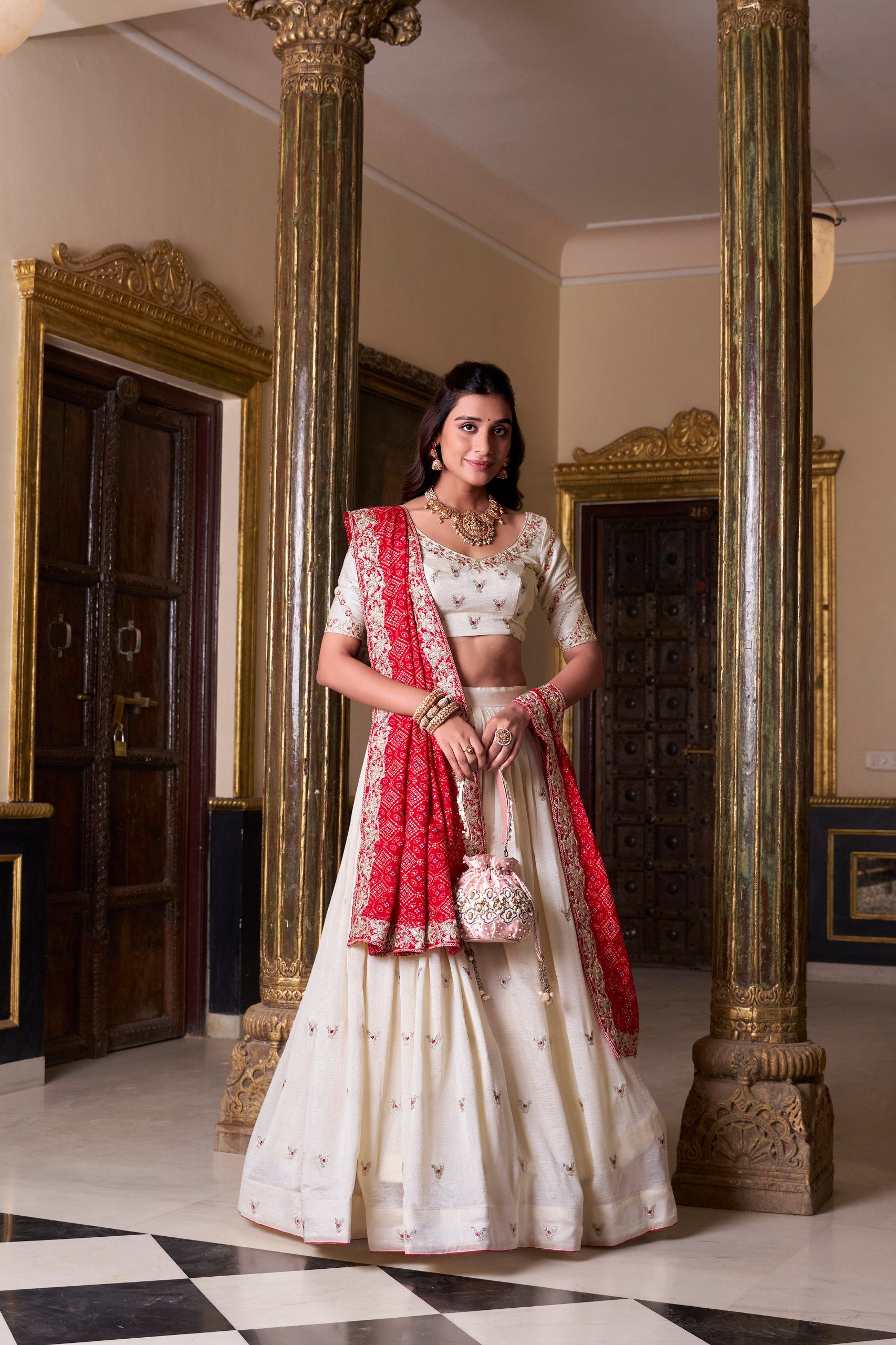 Bridal Wear Off White Color Vichitra Silk Sequins And Thread Embroidery Work Lehenga Choli
