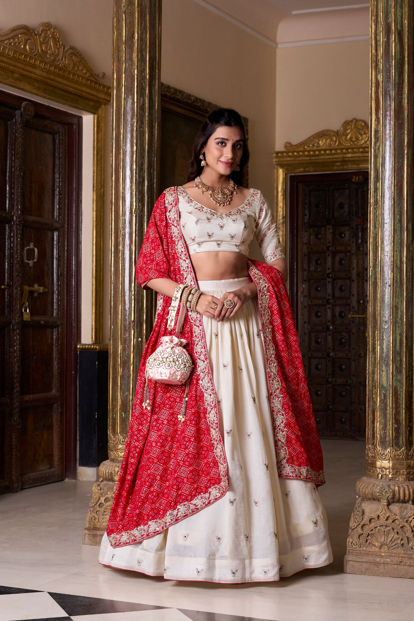 Bridal Wear Off White Color Vichitra Silk Sequins And Thread Embroidery Work Lehenga Choli