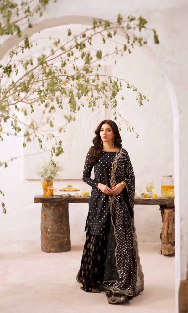 Party Wear Black Color Heavy Faux Georgette With Embroidery Sequence Work Palazzo Suit