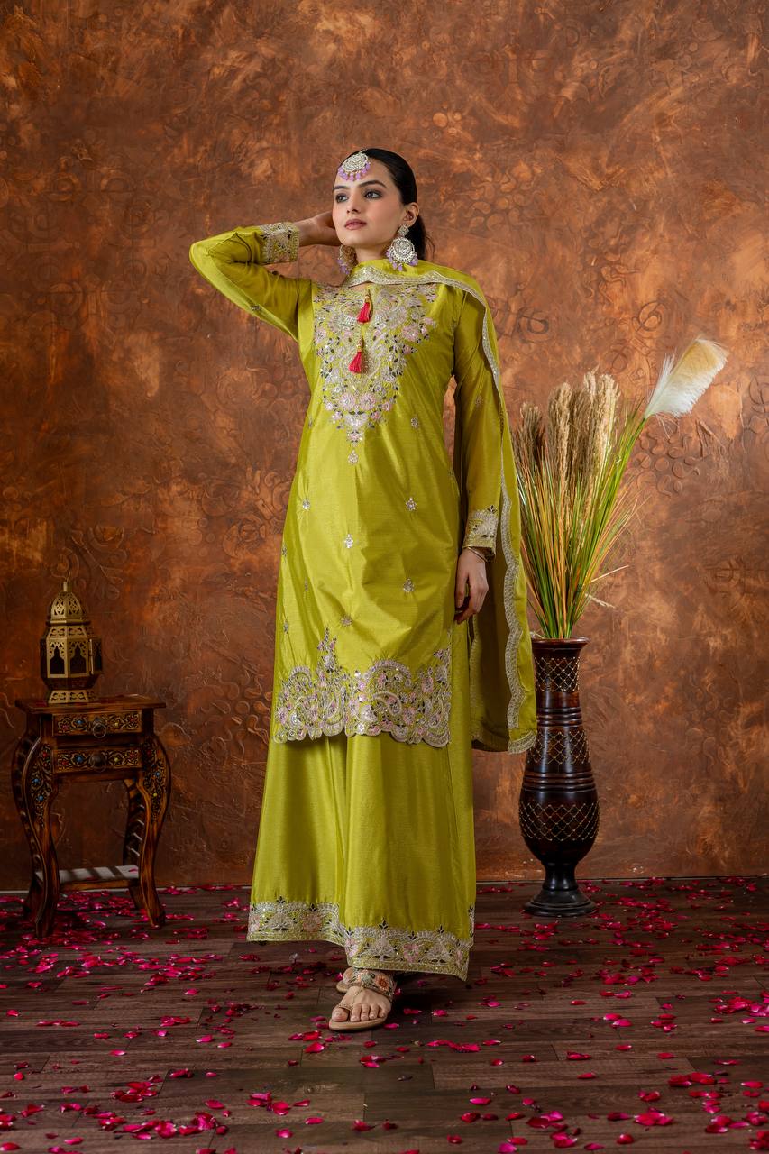 Wedding Wear Parrot Green Heavy Chinon Silk With Embroidery Sequence And Coding Dori Work Palazzo Suit