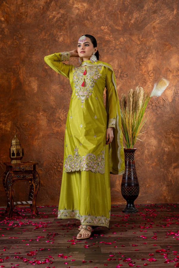 Wedding Wear Parrot Green Heavy Chinon Silk With Embroidery Sequence And Coding Dori Work Palazzo Suit