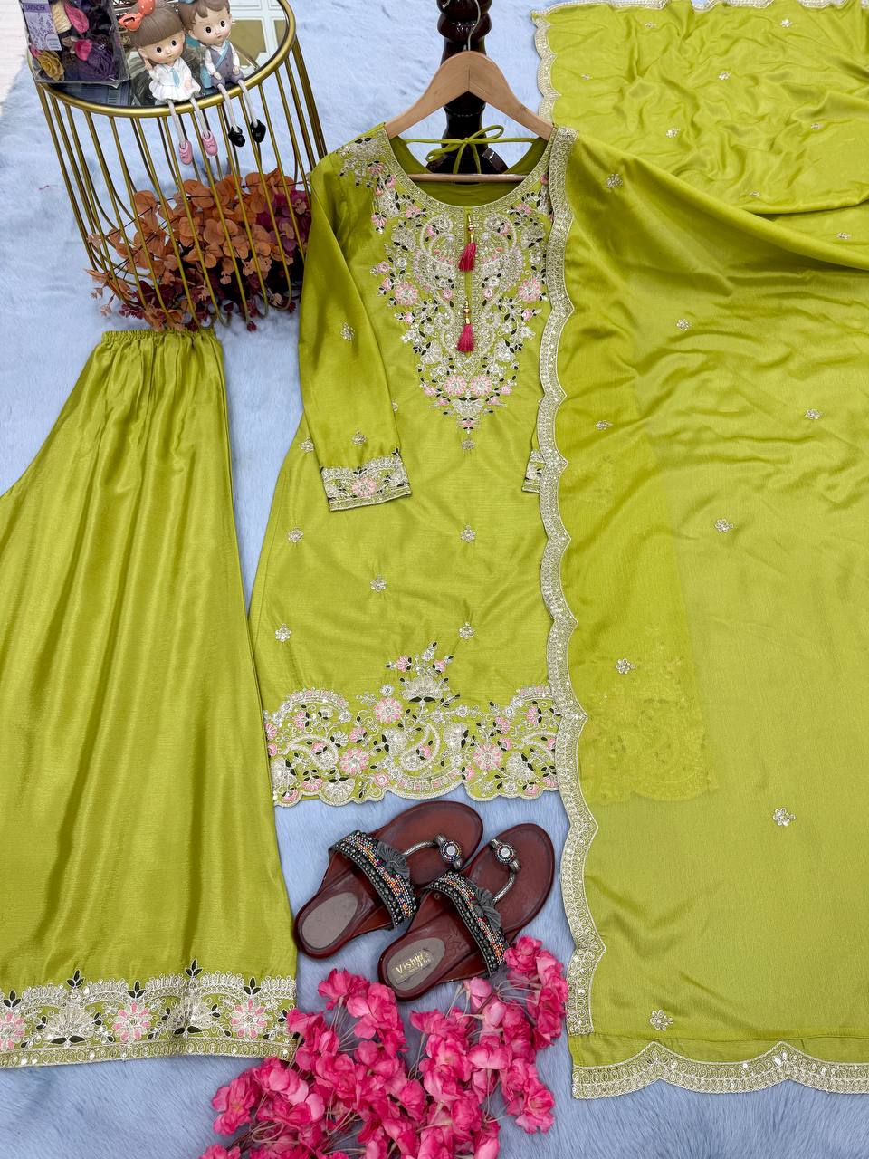 Wedding Wear Parrot Green Heavy Chinon Silk With Embroidery Sequence And Coding Dori Work Palazzo Suit