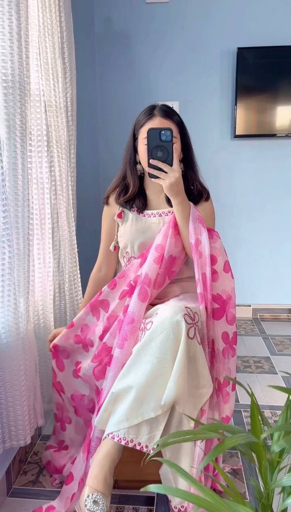 Trendy Off White Thread And Mirror Work Color Kurta Set