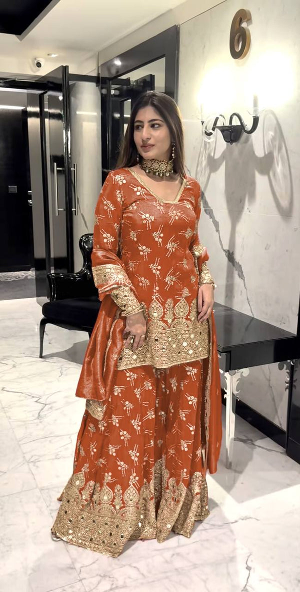 Yankita Kapoor Desiger Orange Color Pure Heavy Simmer Silk With Heavy Embroidery Sequence Work Sharara Suit
