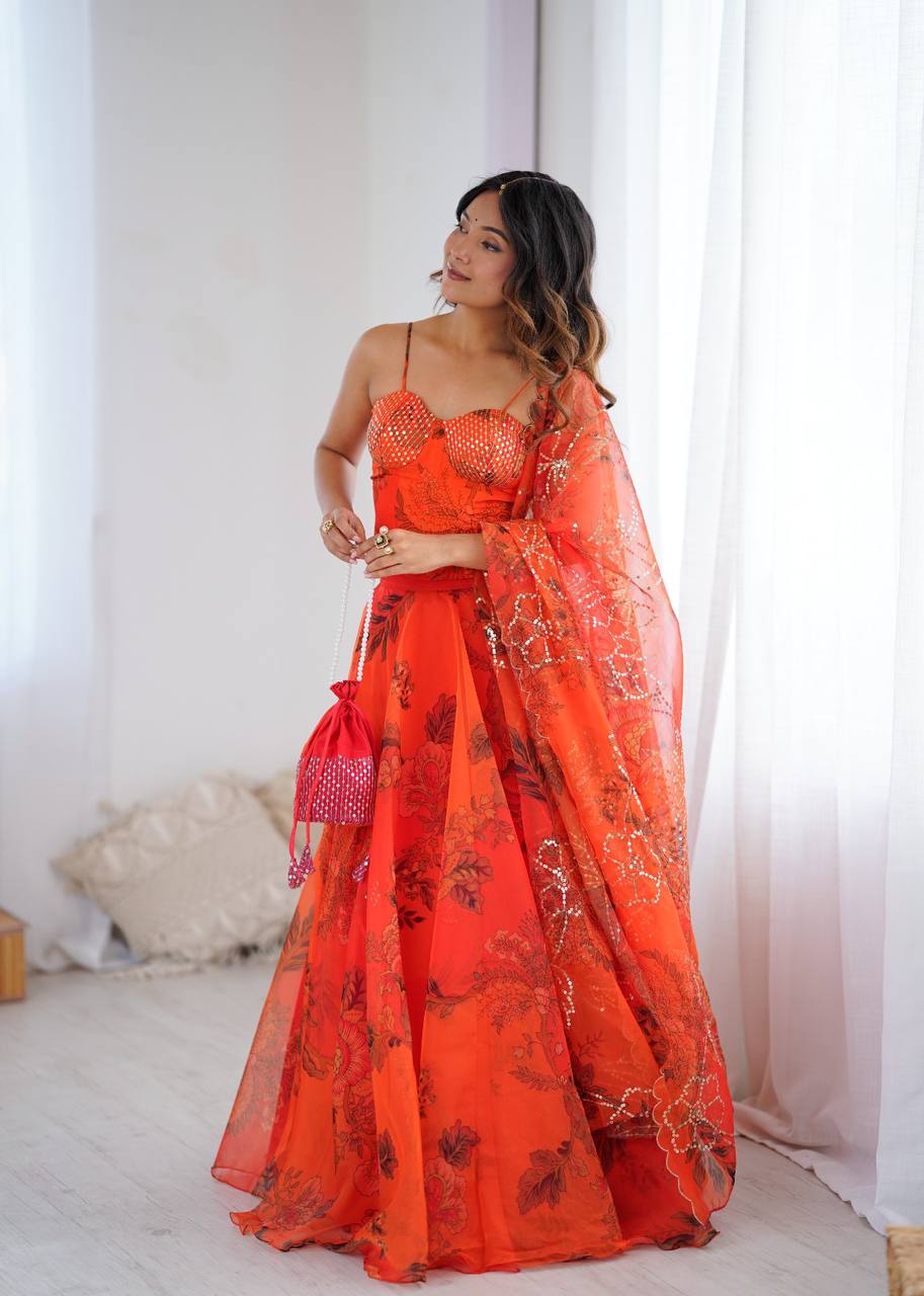 Arti Chauhan's Orange Organza Readymade Lehenga Choli Set With Designer Batwa