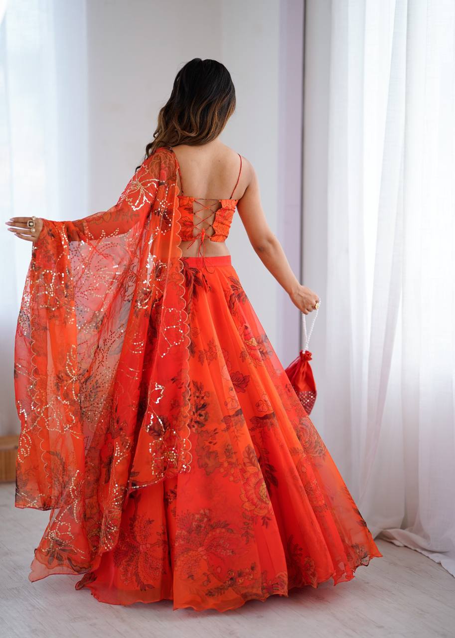 Arti Chauhan's Orange Organza Readymade Lehenga Choli Set With Designer Batwa