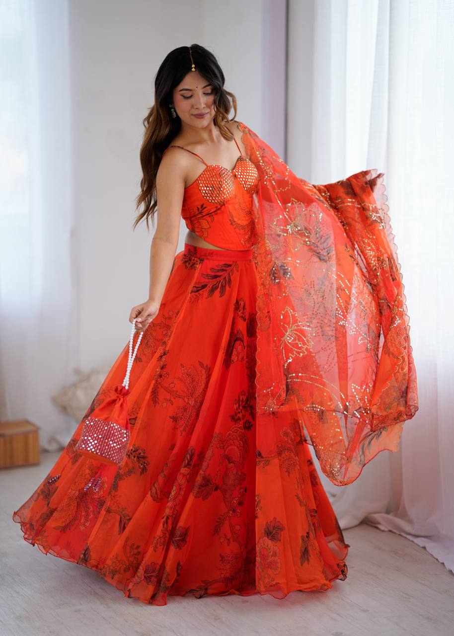Arti Chauhan's Orange Organza Readymade Lehenga Choli Set With Designer Batwa