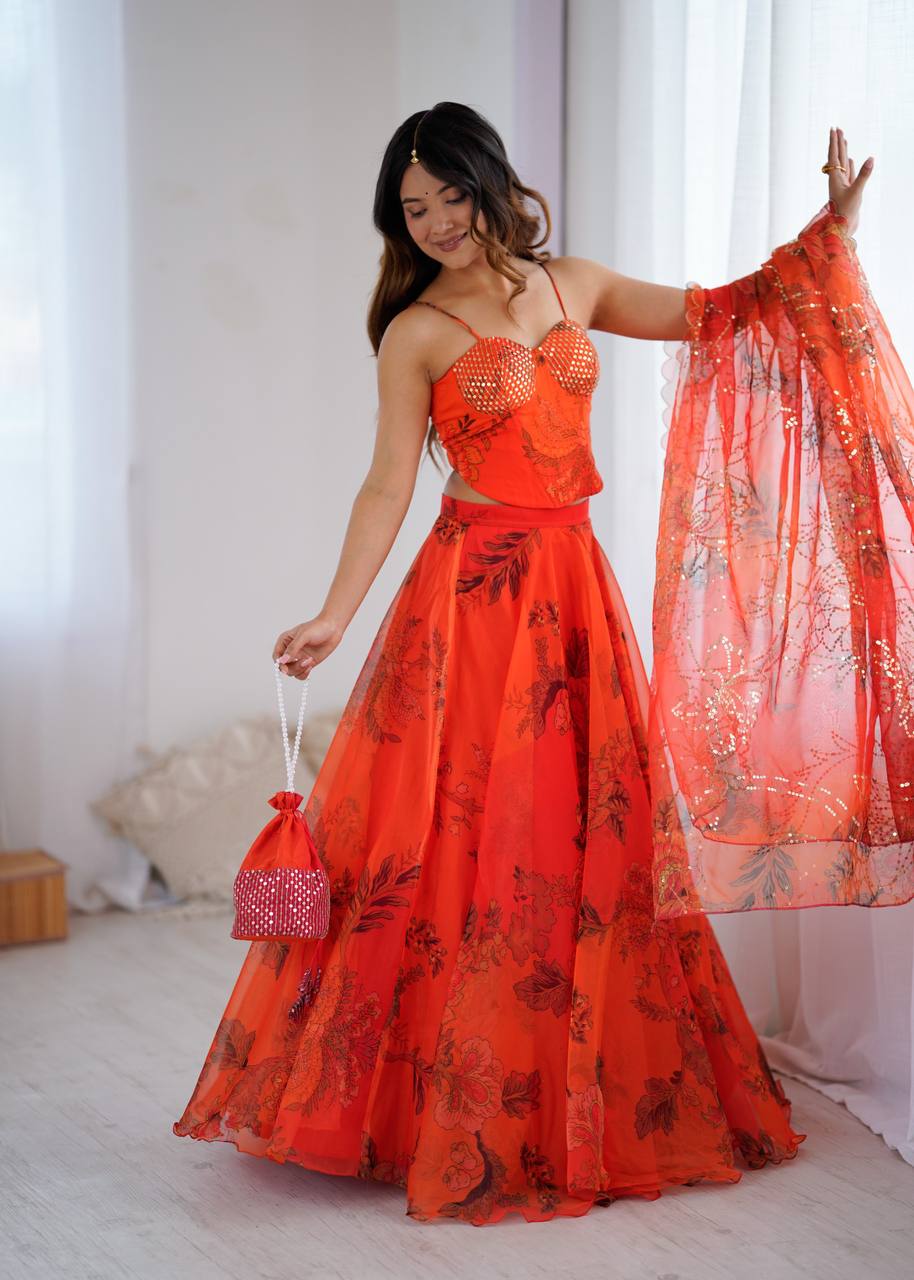 Arti Chauhan's Orange Organza Readymade Lehenga Choli Set With Designer Batwa