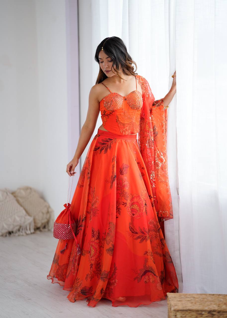 Arti Chauhan's Orange Organza Readymade Lehenga Choli Set With Designer Batwa
