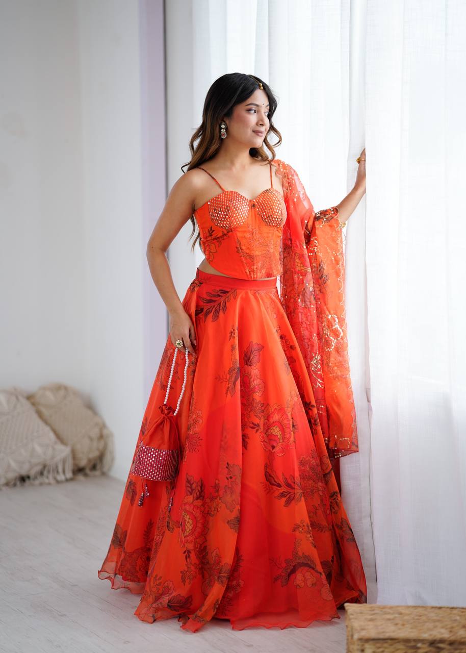 Arti Chauhan's Orange Organza Readymade Lehenga Choli Set With Designer Batwa