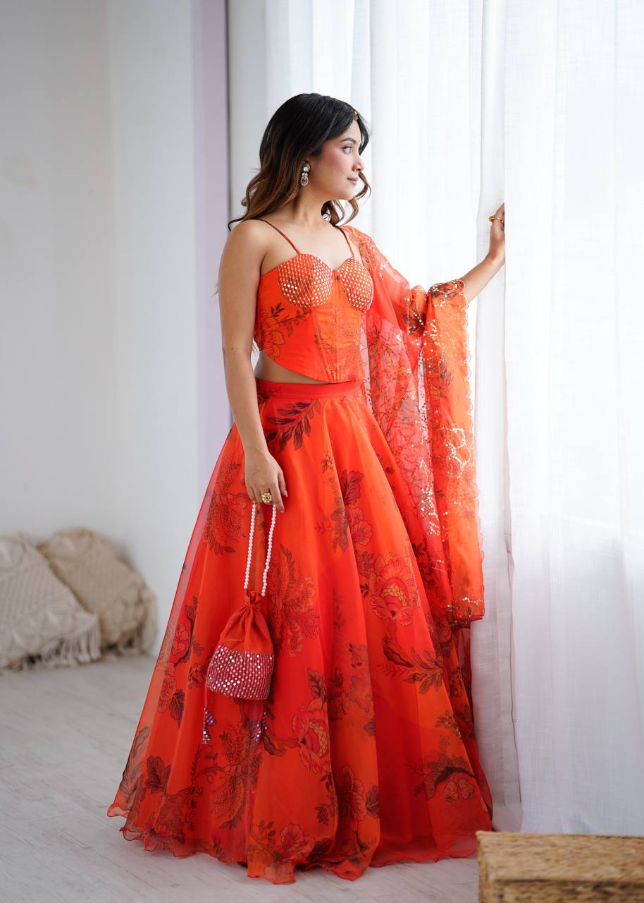 Arti Chauhan's Orange Organza Readymade Lehenga Choli Set With Designer Batwa
