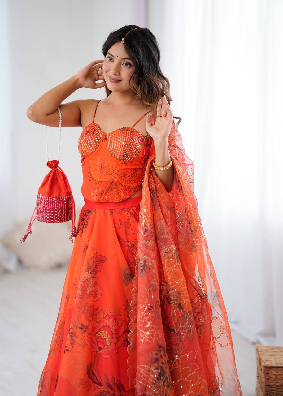 Arti Chauhan's Orange Organza Readymade Lehenga Choli Set With Designer Batwa