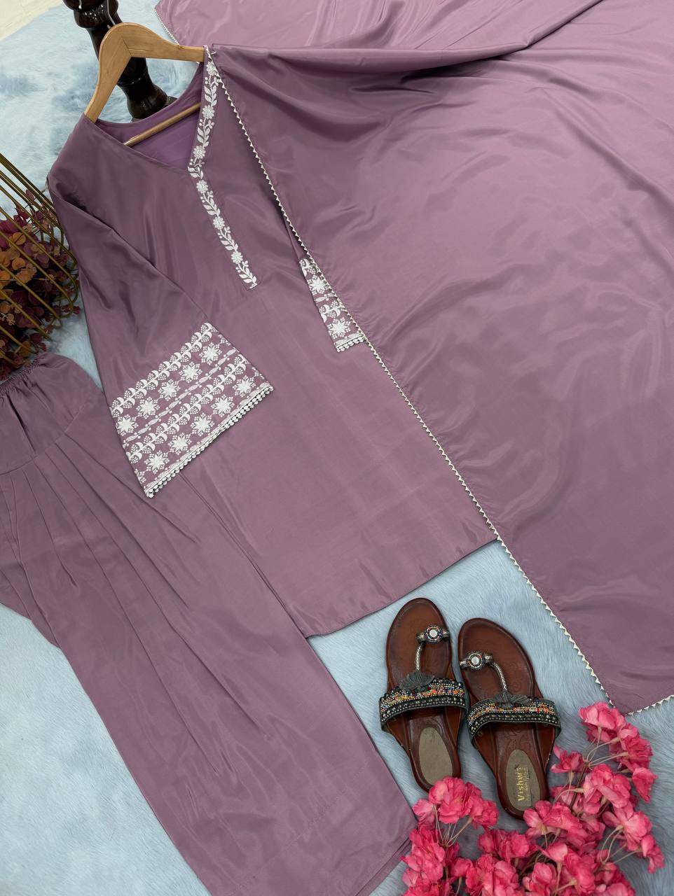 Casual Wear Lavender Color Natural Satin With Embroidery Work Beautiful Palazzo Suit