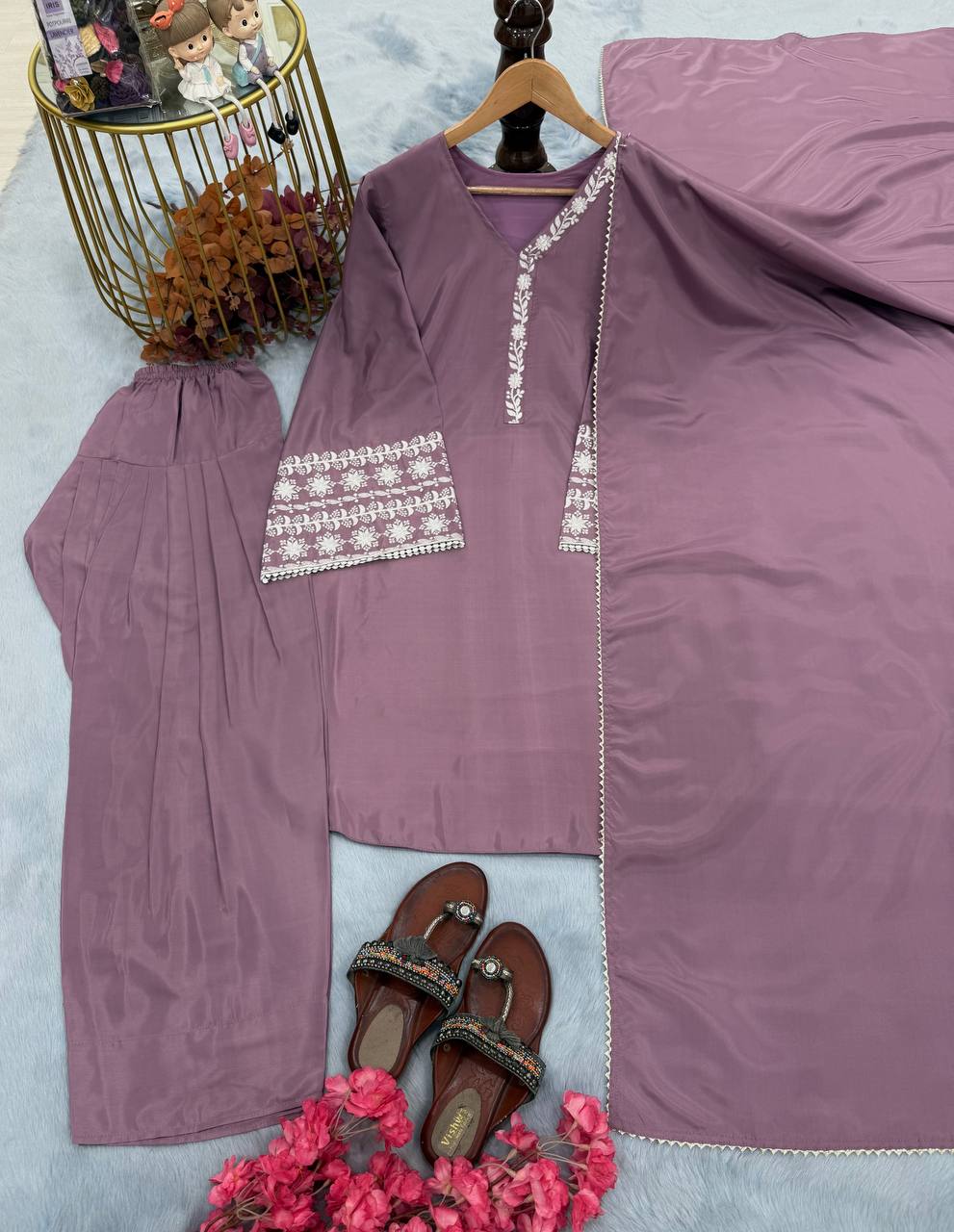 Casual Wear Lavender Color Natural Satin With Embroidery Work Beautiful Palazzo Suit
