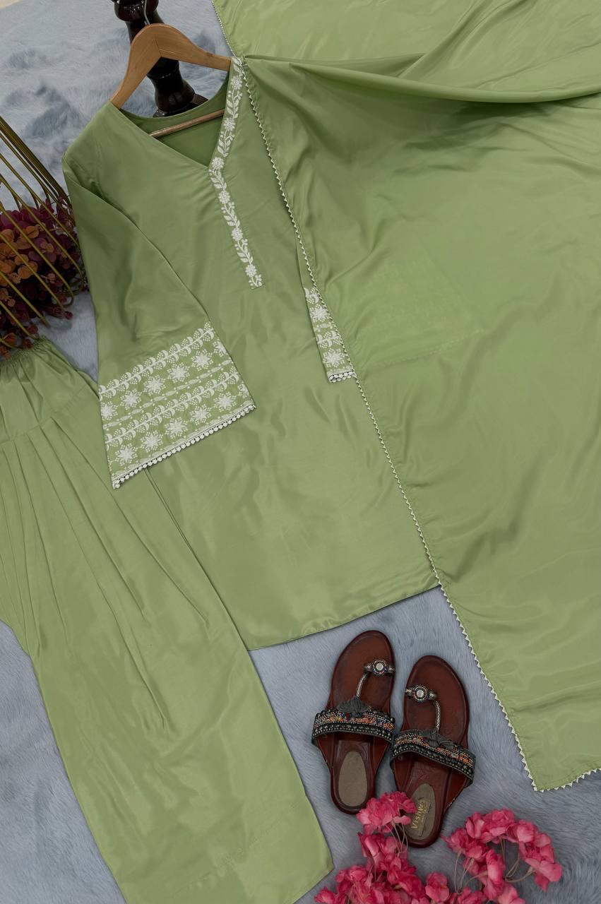 Casual Wear Green Color Natural Satin With Embroidery Work Beautiful Palazzo Suit