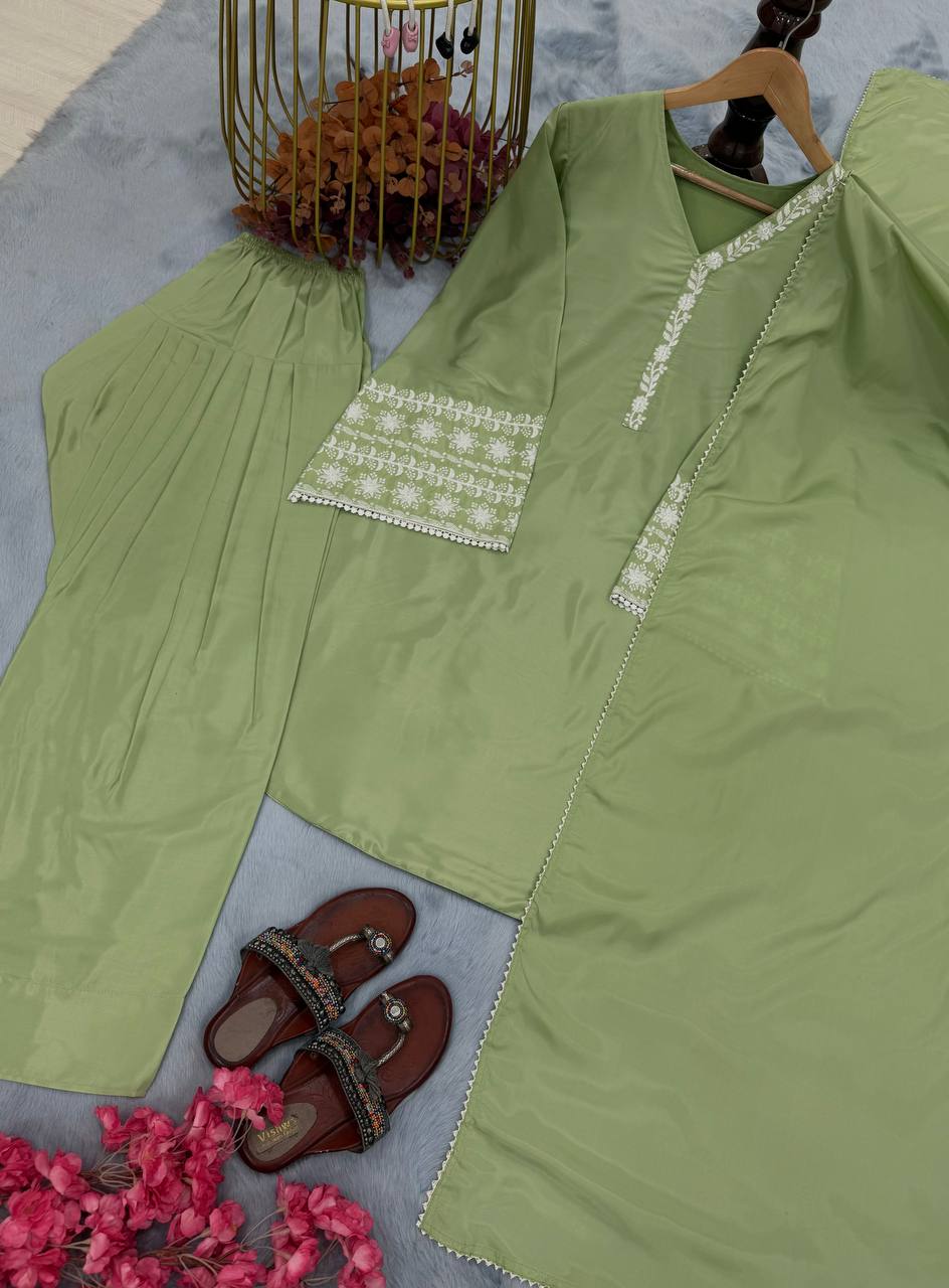 Casual Wear Green Color Natural Satin With Embroidery Work Beautiful Palazzo Suit