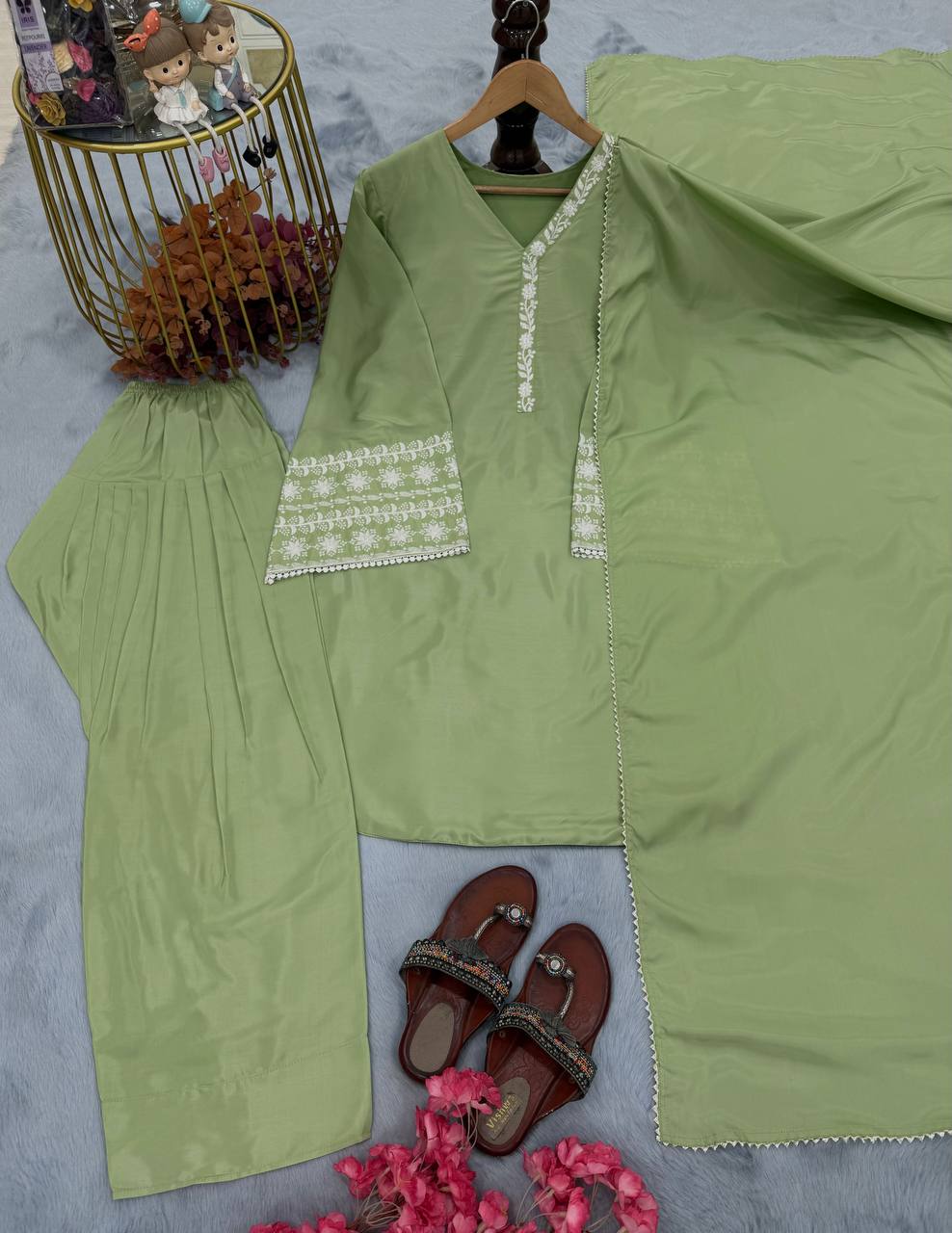 Casual Wear Green Color Natural Satin With Embroidery Work Beautiful Palazzo Suit