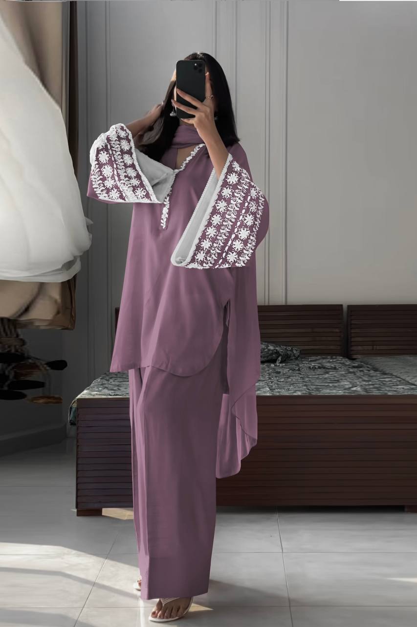Casual Wear Lavender Color Natural Satin With Embroidery Work Beautiful Palazzo Suit