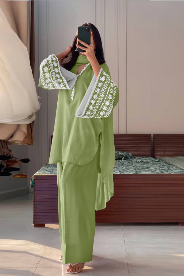 Casual Wear Green Color Natural Satin With Embroidery Work Beautiful Palazzo Suit