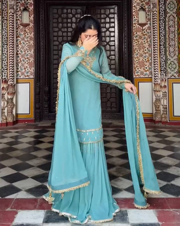 Party Wear Sky Blue Color Faux Georgette With Embroidery Sequence Work Sharara Suit