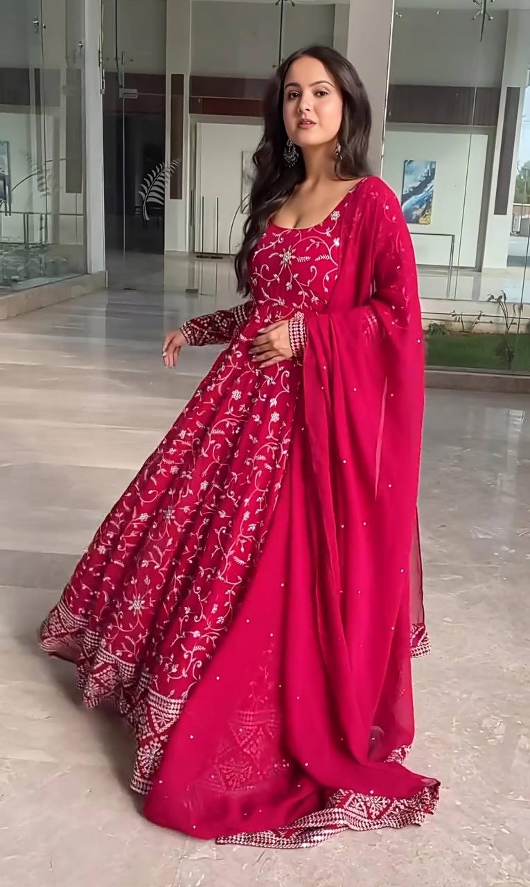 Party Wear Pink Color Faux Blooming With Heavy Sequins And Thread Embroidered Work Gown