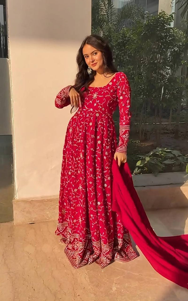 Party Wear Pink Color Faux Blooming With Heavy Sequins And Thread Embroidered Work Gown