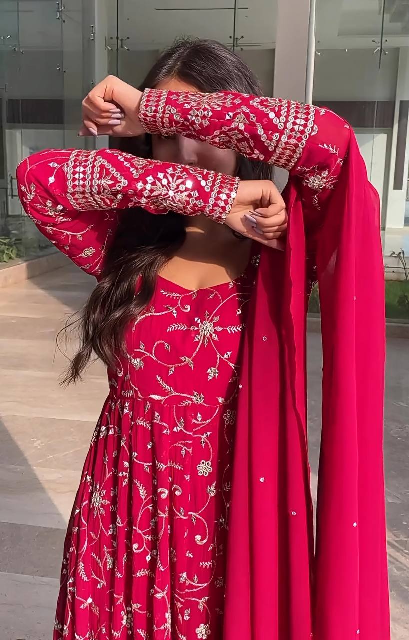 Party Wear Pink Color Faux Blooming With Heavy Sequins And Thread Embroidered Work Gown