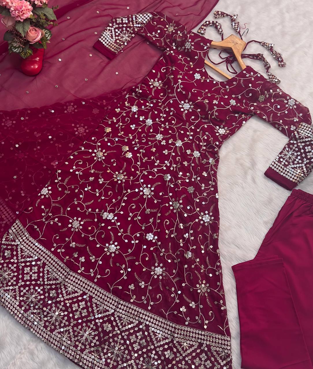 Party Wear Pink Color Faux Blooming With Heavy Sequins And Thread Embroidered Work Gown