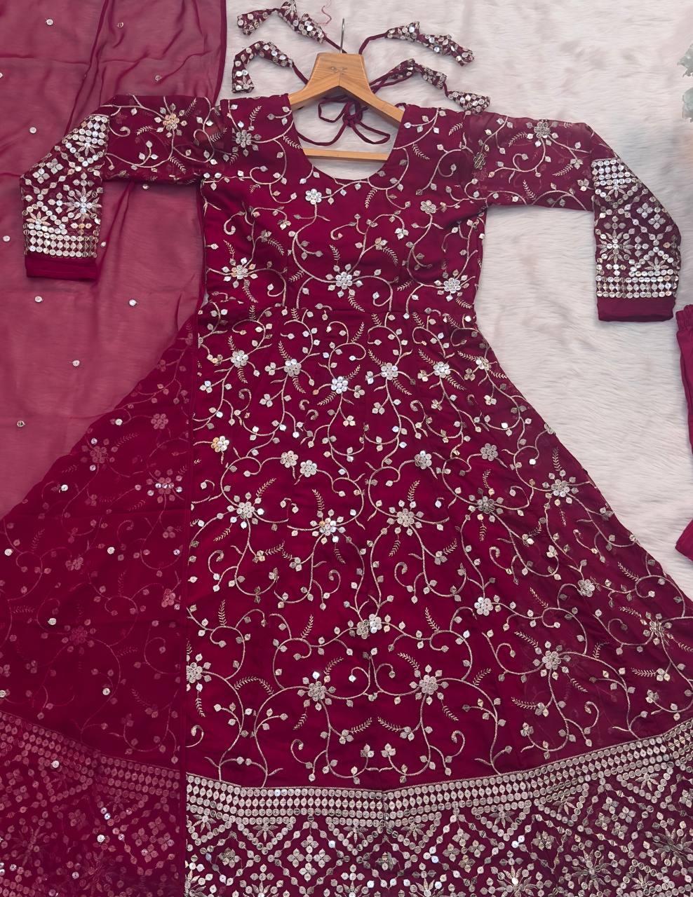 Party Wear Pink Color Faux Blooming With Heavy Sequins And Thread Embroidered Work Gown