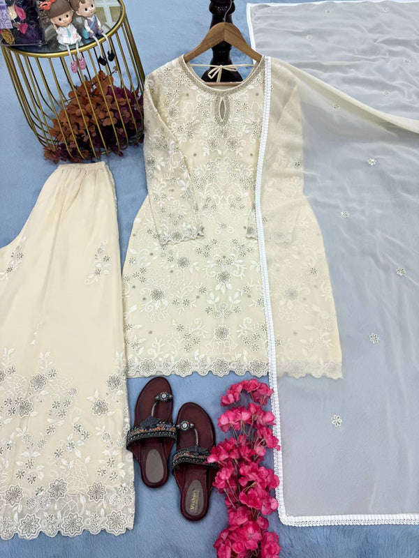 Elegant Off White Color Heavy Faux Georgette With Heavy Embroidery Sequence Work Designer Palazzo Suit