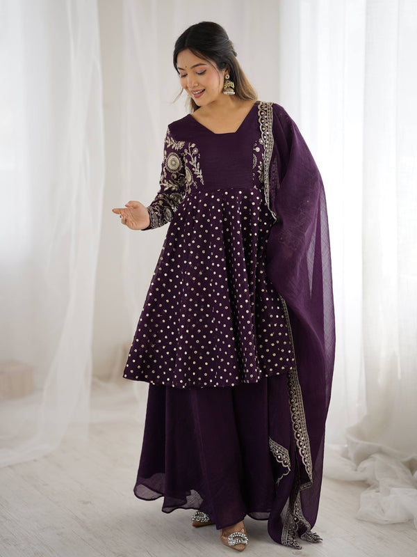 Party Wear Purple Color Embroidered Sequence Work Sharara Suit