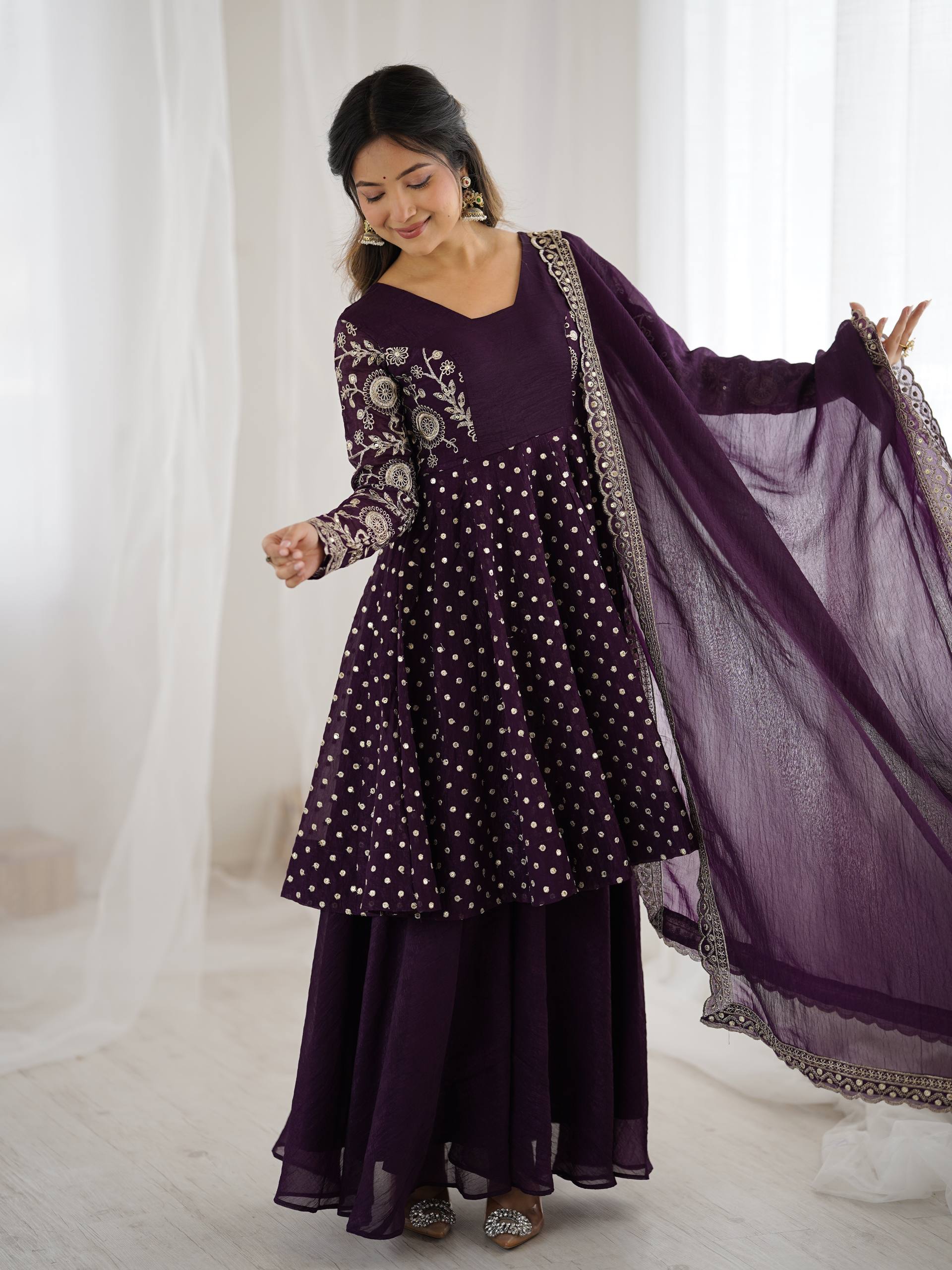 Party Wear Purple Color Embroidered Sequence Work Sharara Suit