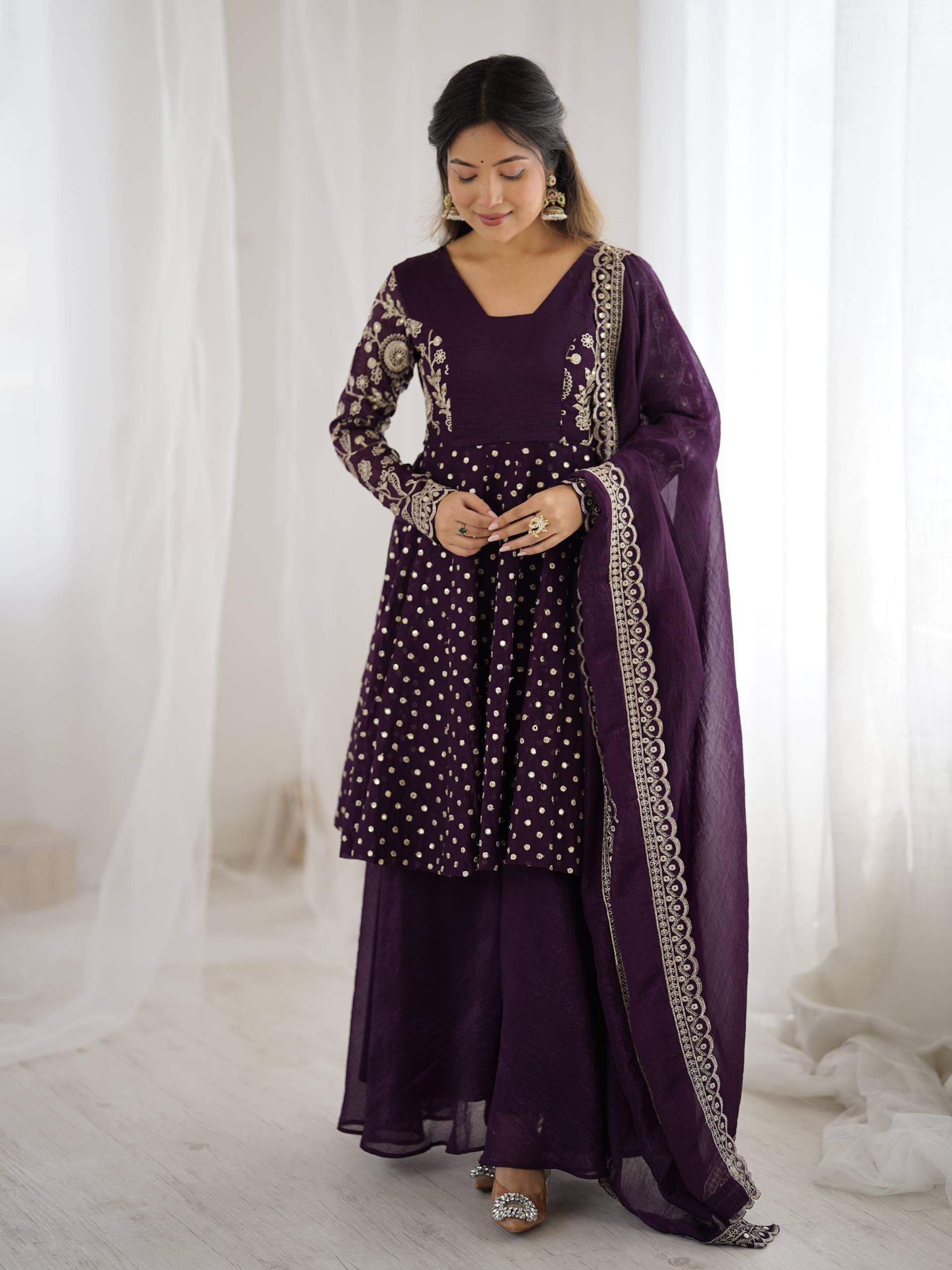 Party Wear Purple Color Embroidered Sequence Work Sharara Suit