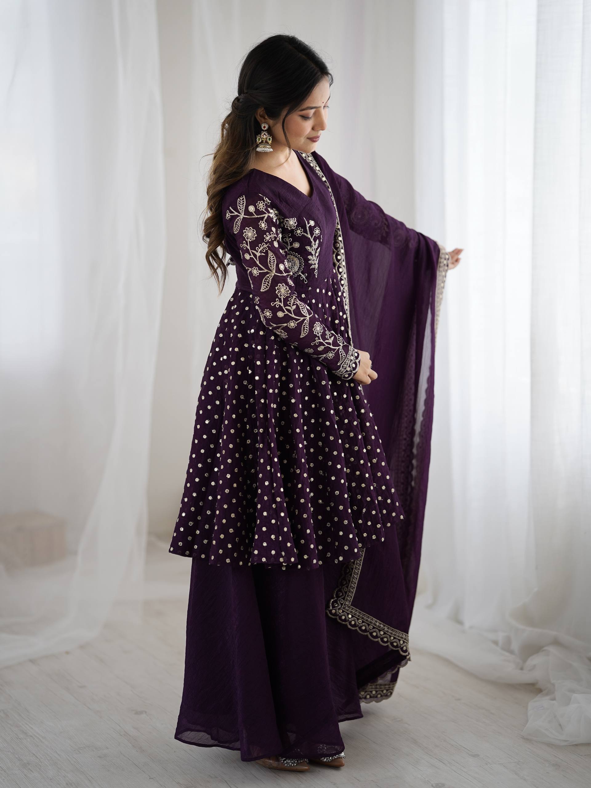 Party Wear Purple Color Embroidered Sequence Work Sharara Suit
