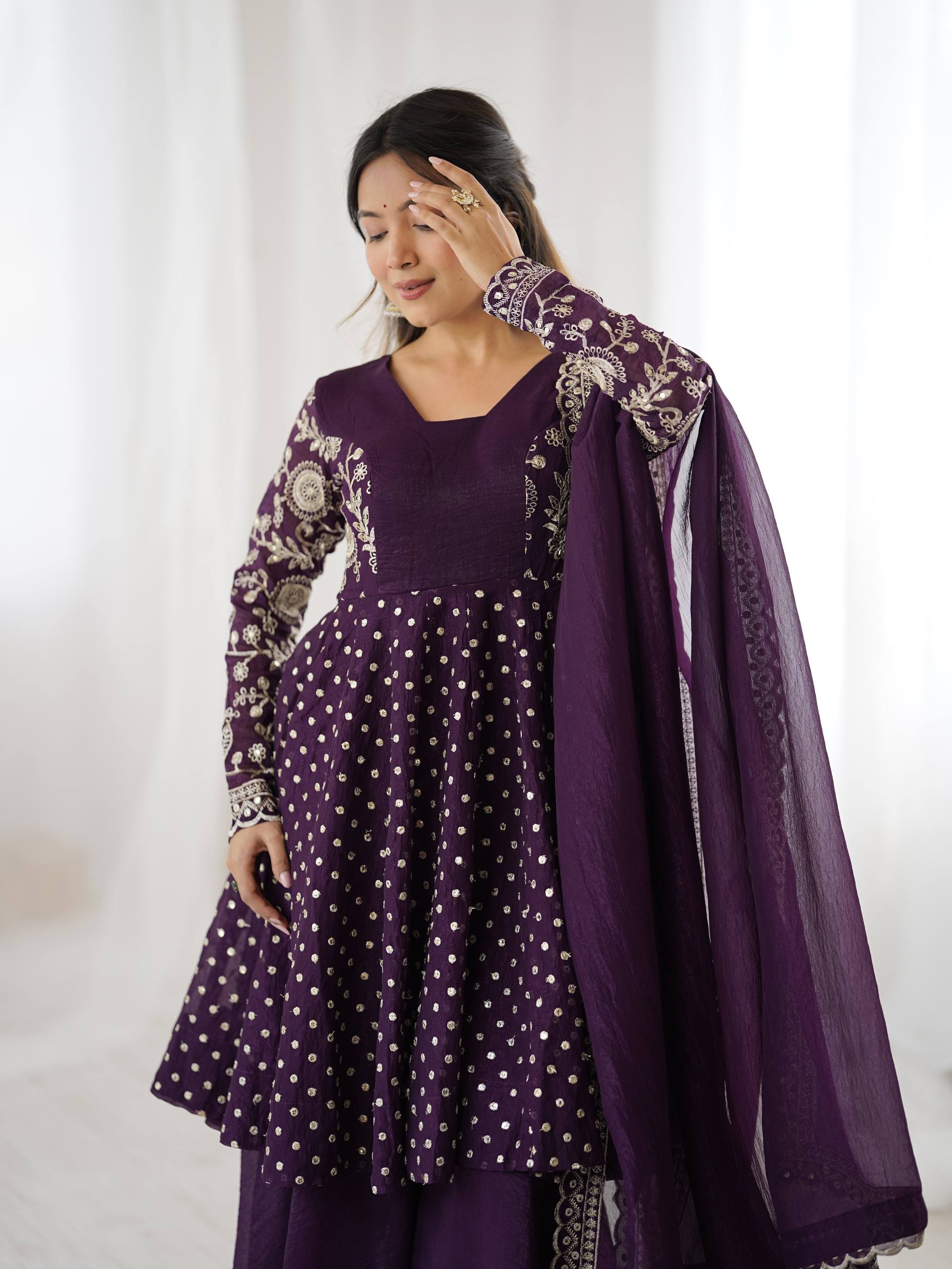 Party Wear Purple Color Embroidered Sequence Work Sharara Suit