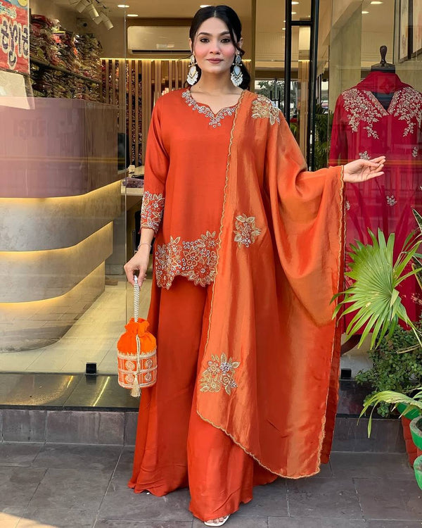 Engagement Wear Orange Color Pure Chinon Silk With Heavy Embroidery Coding Dori Sequence Work