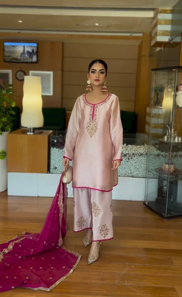 Admiring Peach Color Heavy Moss Satin Embroidery Sequences Work Palazzo Suit