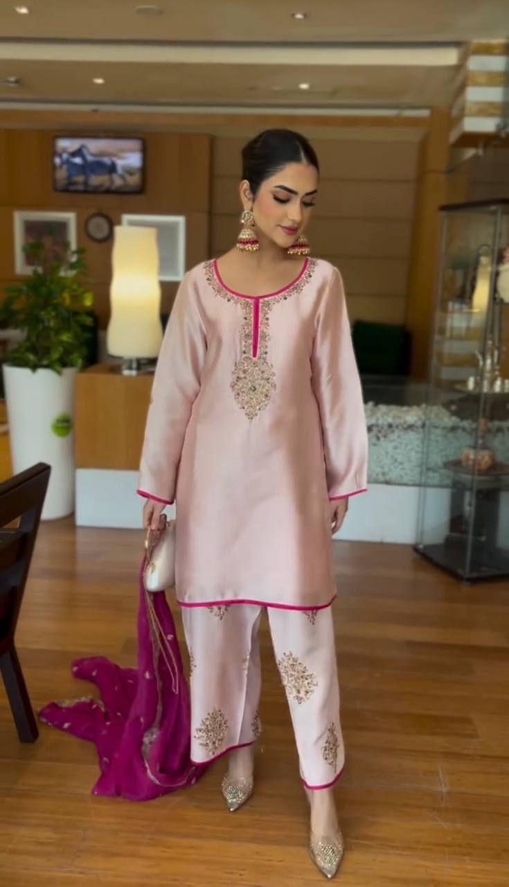 Admiring Peach Color Heavy Moss Satin Embroidery Sequences Work Palazzo Suit